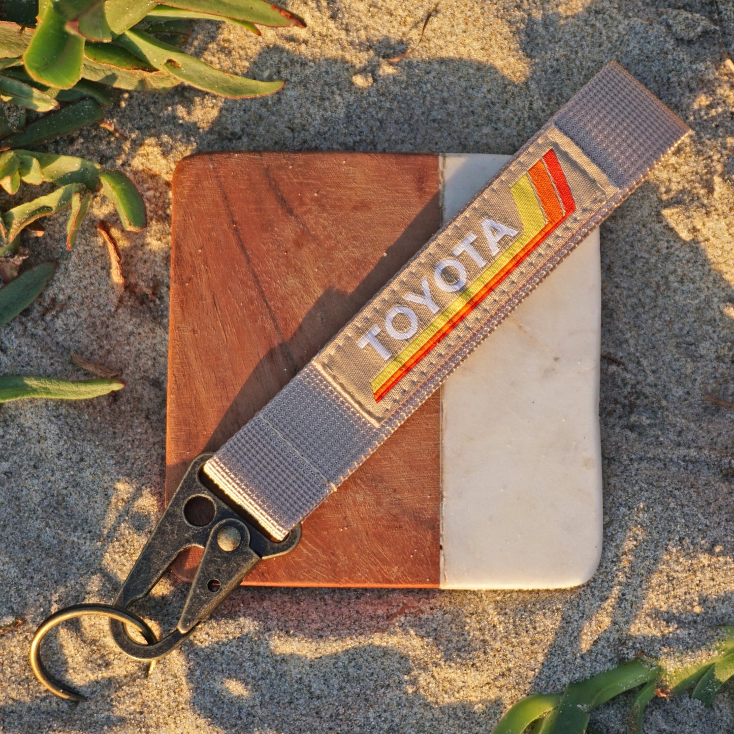 Vintage Heritage Stripes Keychain for Toyota, Tan, Antique Brass Clip