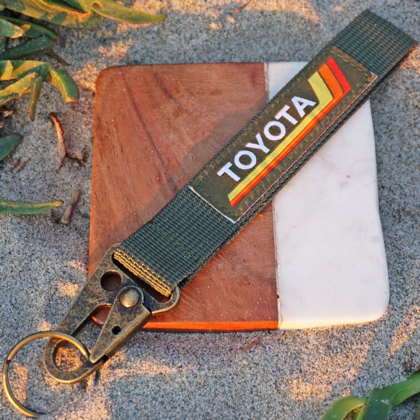 Vintage Heritage Stripes Keychain for Toyota, Green, Antique Brass Clip