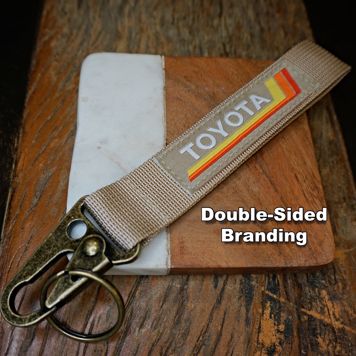 Vintage Heritage Stripes Keychain for Toyota, Tan, Antique Brass Clip