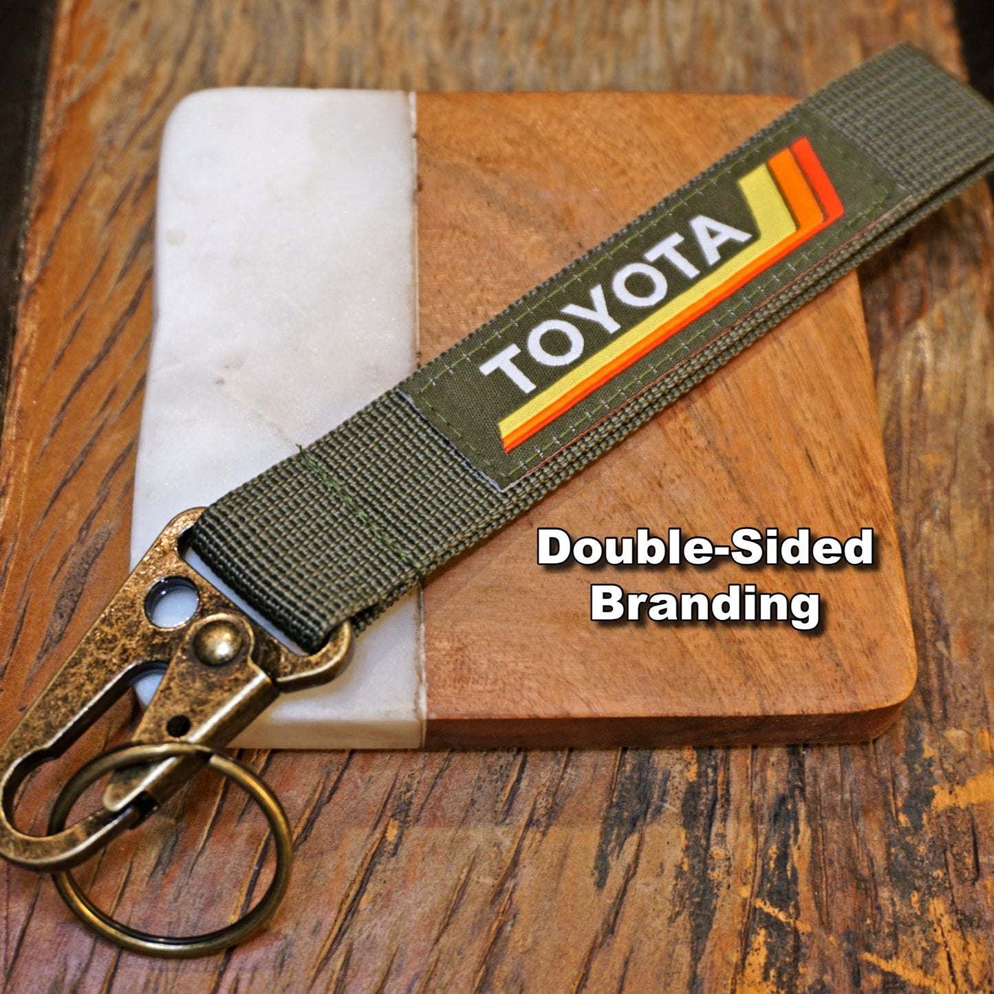 Vintage Heritage Stripes Keychain for Toyota, Green, Antique Brass Clip