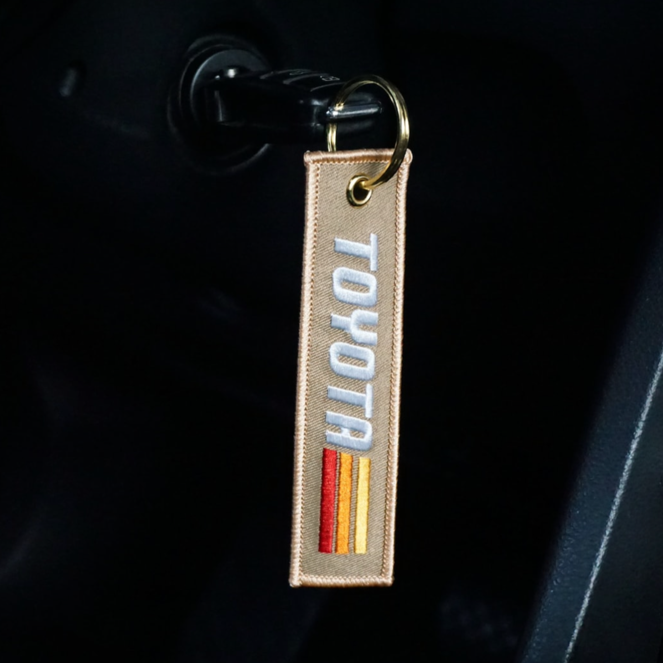 Vintage Tan Retro Stripes Keychain for Toyota, Embroidered