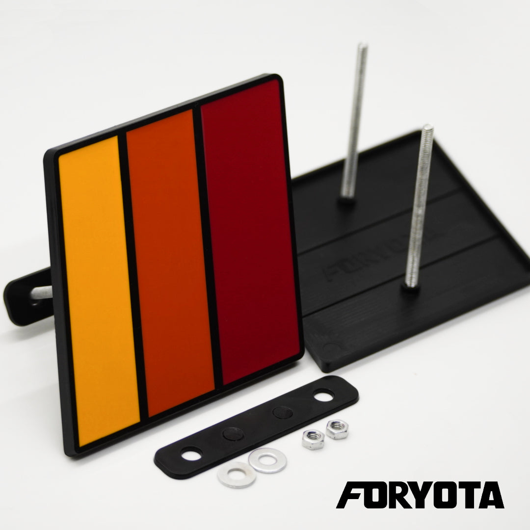 TRD-style Grille Badge in Classic TRD Scheme with mounting screws for Front Grille. Fitment for new generation Toyota front grilles. By Foryota