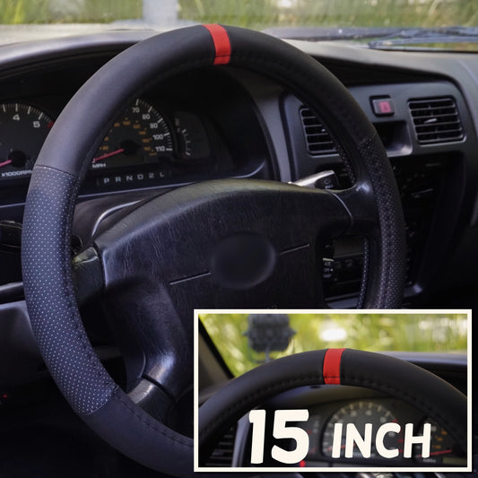 Red Stripe Steering Wheel Cover 15 Inch, Leather, Perforated