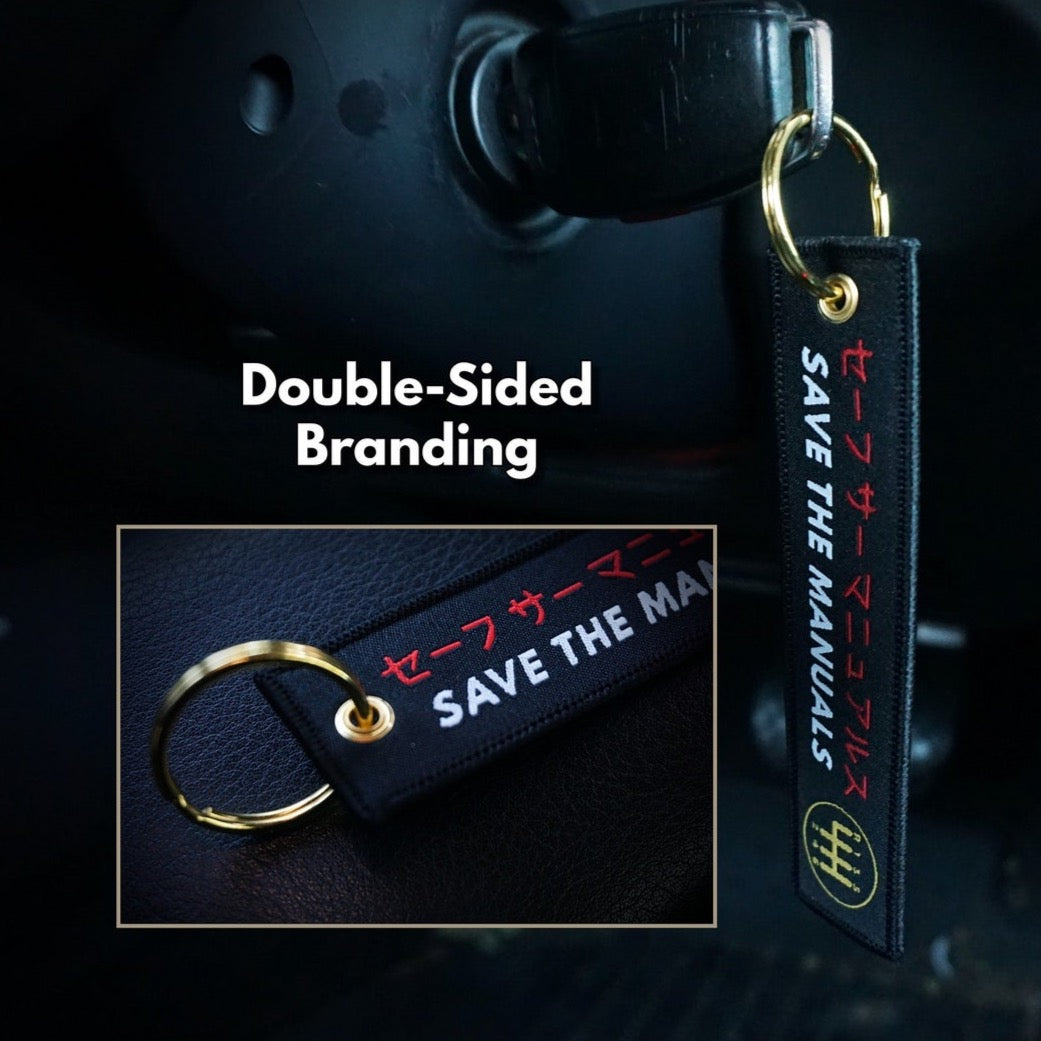 Llavero Save The Manuals, fuente JDM Katakana, llavero dorado